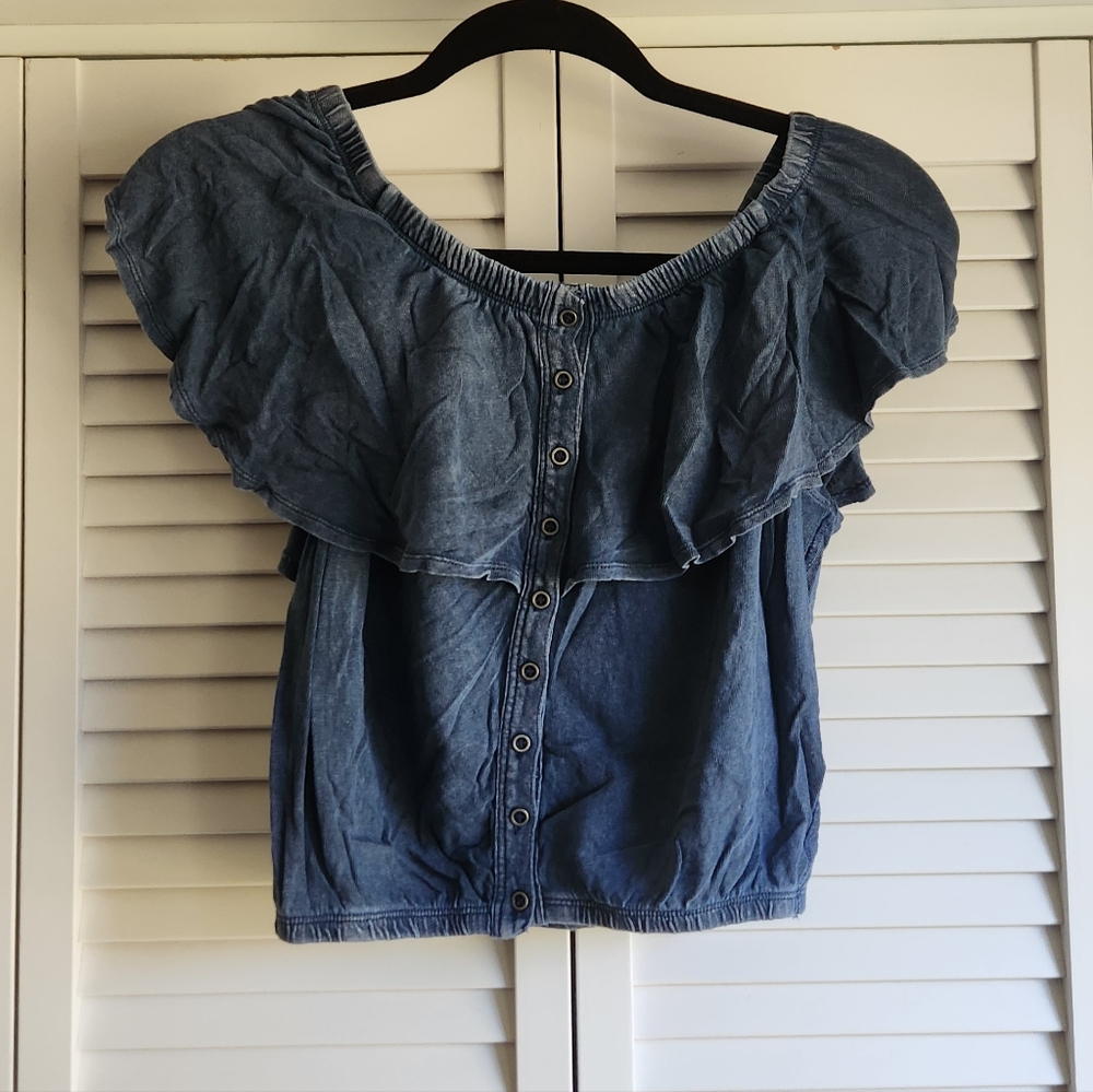We The Free Denim Blue Ruffle Blouse